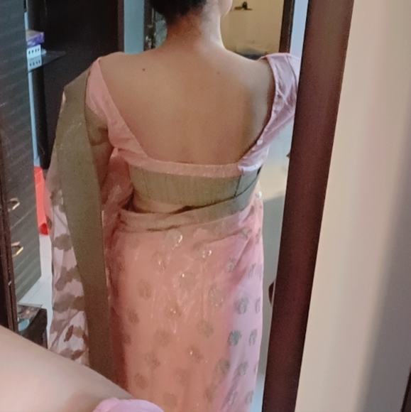 Light Pink Embellished Sequin Net Saree with stitched Blouse and Petticoat - Picture 4 of 12